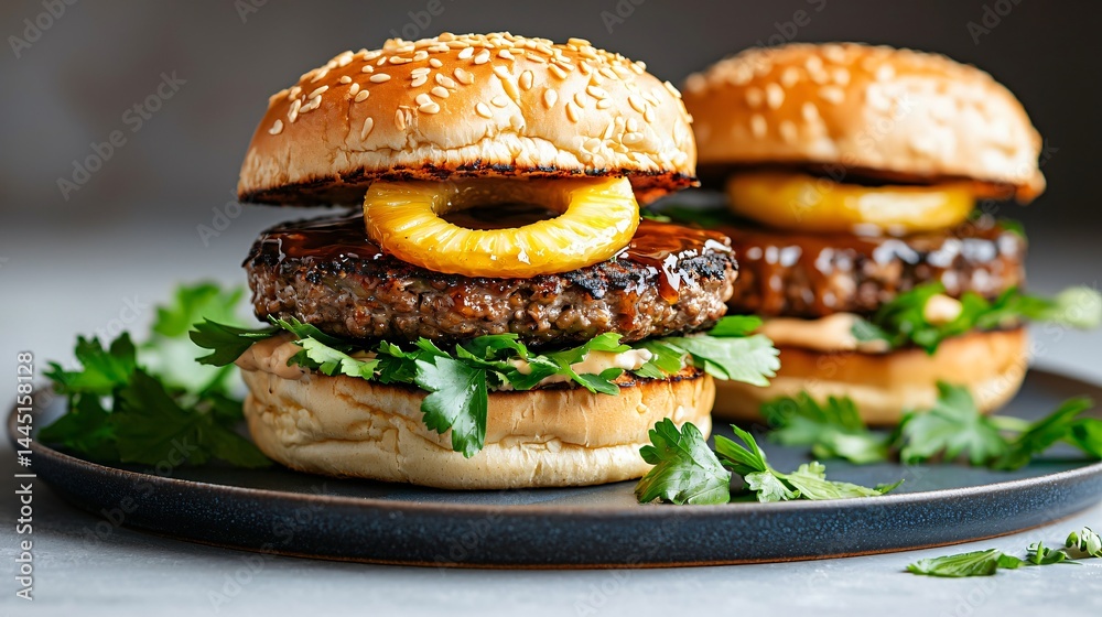 Burger with pineapple ring and teriyaki glaze, sesame bun with soft texture, tropical-themed plating, bright tone and natural light accents, no text Burger with pineapple ring and teriyaki glaze, sesame bun with soft texture, tropical-themed plating, bright tone and natural light accents, no text
