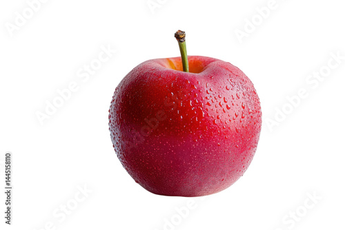 A vibrant red acerola cherry glistening with dew drops sits on a plain white background Soft light