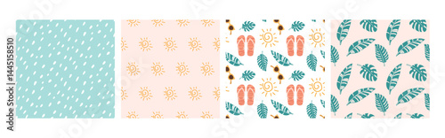 Seamless Vacation pattern set. Set of four prints. Palm leaves, sun, sunglasses, flip-flops pattern on white and abstract summer backgrounds Hand drawn vector pattern For wrapping paper, wallpaper