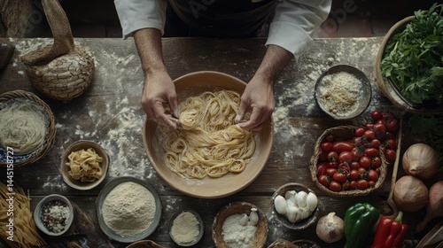 Authentic Italian Pasta Making: A Chef's Hands Shape Fresh Tagliatelle on Rustic Wooden Table photo