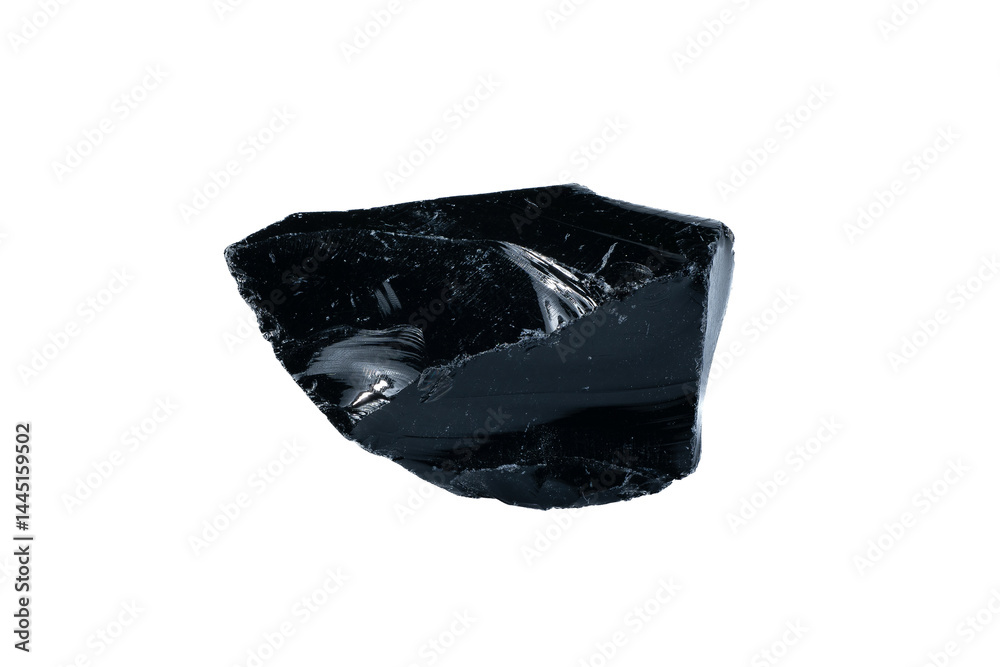 Raw Natural Black Obsidian Volcanic Glass Rock Mineral on White Background