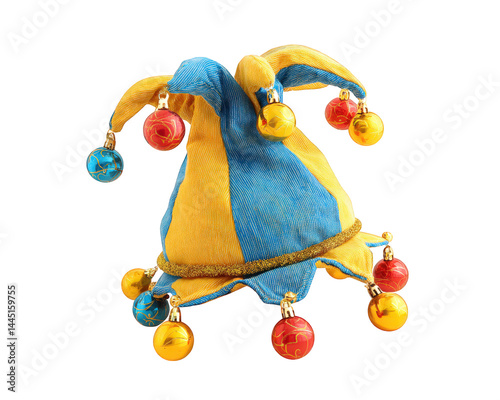 Colorful jester hat featuring bright blue and yellow fabric, adorned with playful bells red and yellow. This whimsical accessory is perfect for festive occasions and adds fun touch to any outfit