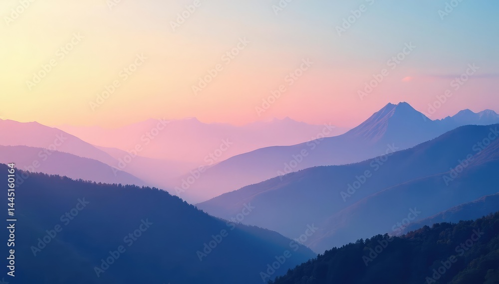 Obraz premium Subtle gradient sky, flowing into hazy mountain range, peaceful, tone, backdrop