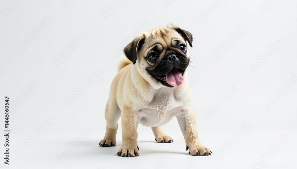 Obraz premium Playful pug puppy standing, white background, paws visible, dog, pet, brown