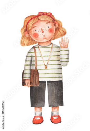 Cute cartoon girl. Watercolor illustration for greeting card. Hand-drawn portrait of beautiful young woman with bag. 