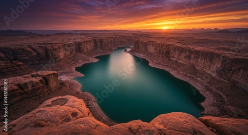 Scenic Lake Powell Landscape at Sunset with Red Rock Cliffs View