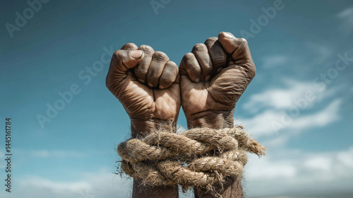 Close-up of bound wrists against a sky background, depicting struggle and constraint, symbolizing oppression or captivity, conveying a sense of powerlessness