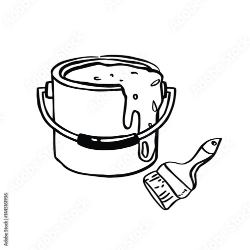 paint can with brush doodle black and white vector