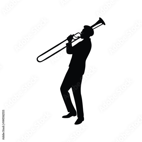 Silhouette of a Jazz Musician Playing Trombone A Black and White Illustration of Musical Performance