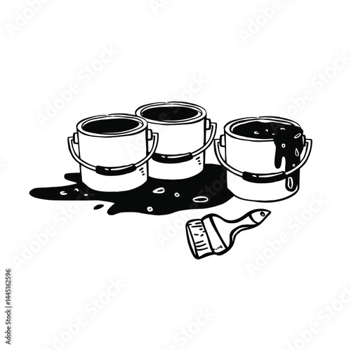three cans of paint and a brush doodle black and white vector