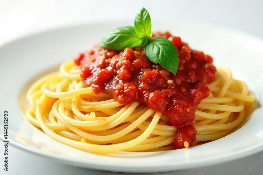 Close-up of spaghetti with marinara sauce on white , tomato, sauce Close-up of spaghetti with marinara sauce on white , tomato, sauce