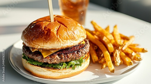 Crispy burger with artisanal bun, seasoned fries and refreshing soda with straw, set against clean white backdrop, light styling and soft color balance