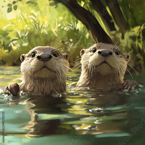 Two cute otters look out of the water against a green backdrop.