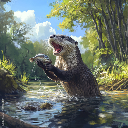 An otter caught a fish in a forest river.