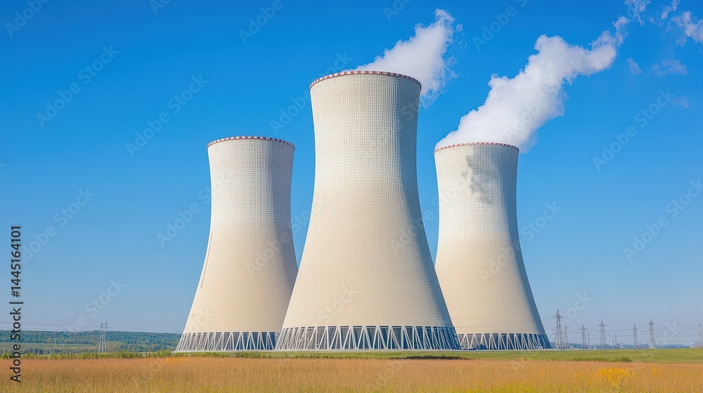 Three large cooling towers emit steam at a nuclear power plant, set against a clear blue sky and grassy landscape. Three large cooling towers emit steam at a nuclear power plant, set against a clear blue sky and grassy landscape.