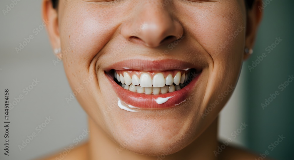 Fototapeta premium Woman smiling with white teeth and lip cream application for healthy smile and beauty dental care routine