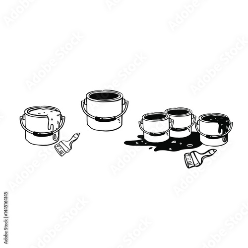 set of paint cans and brush doodle black and white vector