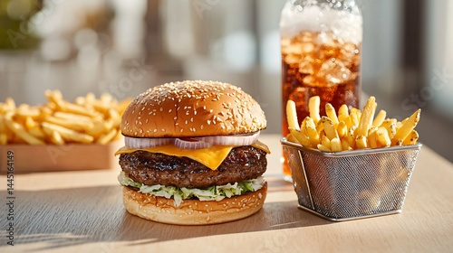 Realistic scene of burger combo meal with light wooden table, natural tones, bright food styling, fries in metal basket, soda with ice and bubbles