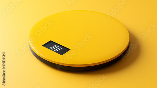 Sleek digital bathroom scale placed on bright yellow plain background with space for text, ideal for fitness and health-related designs.

