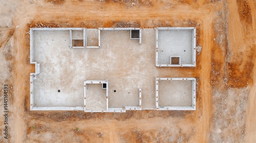 Aerial view of a concrete building foundation at a construction site surrounded by dirt.