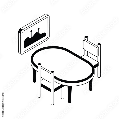 Here is an isometric outline icon depicting meeting room furniture