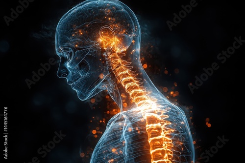 Illustrated representation of the human spine with glowing neural connections