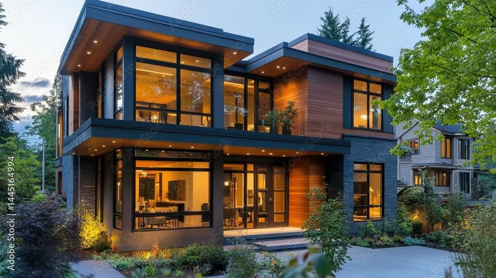 A modern modular smart home with a contemporary design that combines sustainability and efficiency in residential architecture set against a beautiful natural backdrop. A modern modular smart home with a contemporary design that combines sustainability and efficiency in residential architecture set against a beautiful natural backdrop.