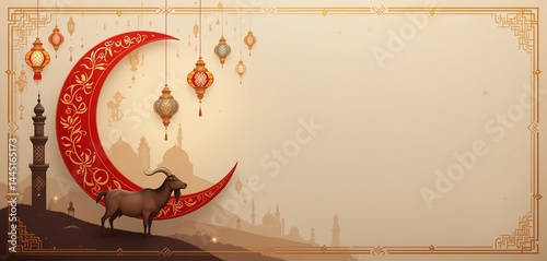 Eid ul-Adha Mubarak Greeting with Crescent Moon, Lanterns, and Sacrificial Sheep in a Festive Night Sky