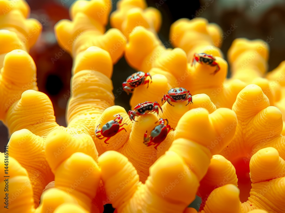 A group of crabs are on a yellow coral. The crabs are small and red. The coral is yellow and has a fuzzy texture