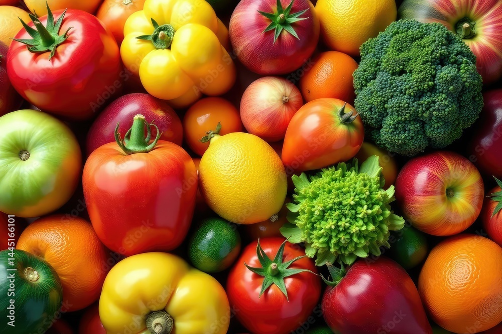Arrangement of various fruits and vegetables, untouched , vibrant, discipline, concept Arrangement of various fruits and vegetables, untouched , vibrant, discipline, concept