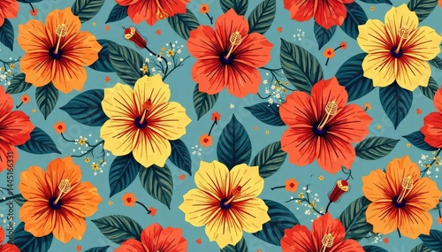 Wallpaper Mural Bold, stylized hibiscus flowers and geometric shapes, repeat pattern, modern, textile, abstract Torontodigital.ca
