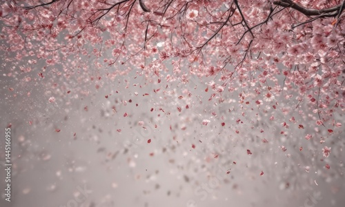 Falling sakura petals create a gentle shower effect on a soft, out-of-focus background ,  illustration, sakura,  zen