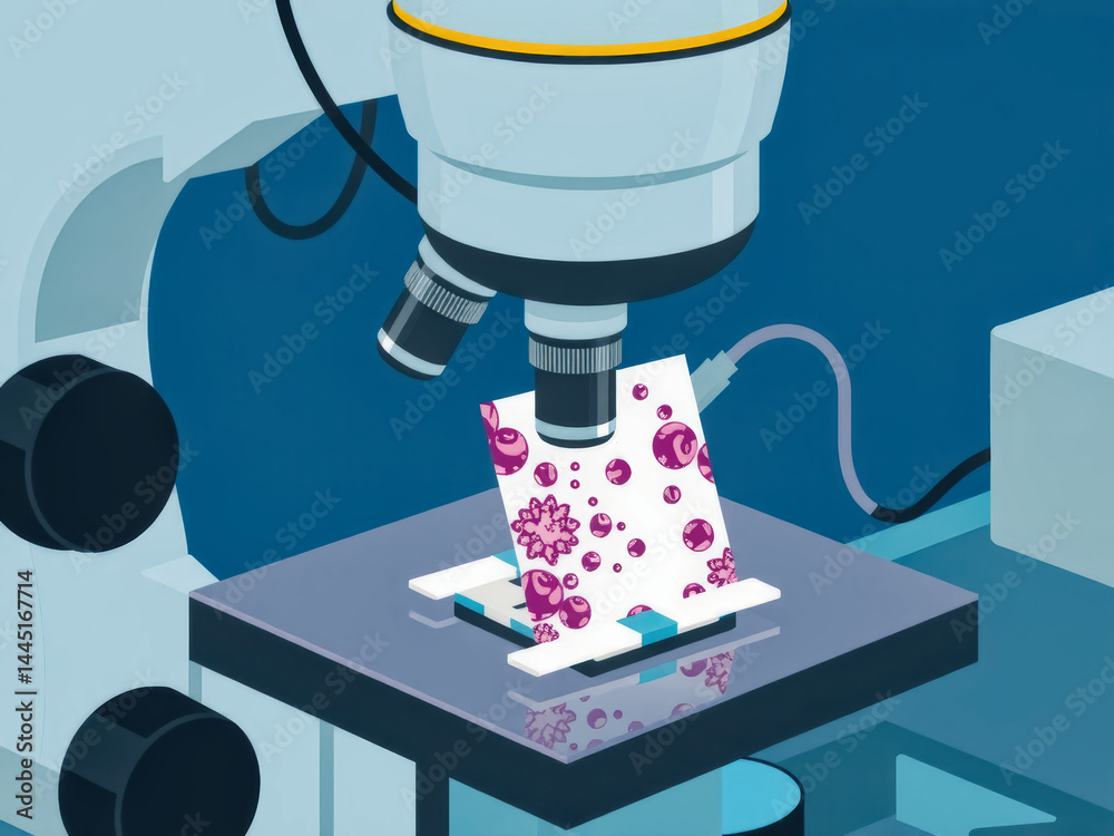 A microscope is being used to examine a piece of paper with a pink substance on it. The microscope is set up on a table and the paper is placed on top of it