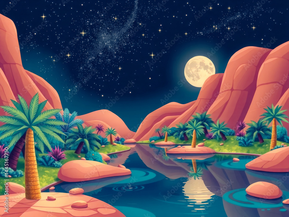 A beautiful landscape with a river and a large moon in the sky. The scene is peaceful and serene, with palm trees lining the riverbank. The colors are vibrant and the atmosphere is calm and relaxing