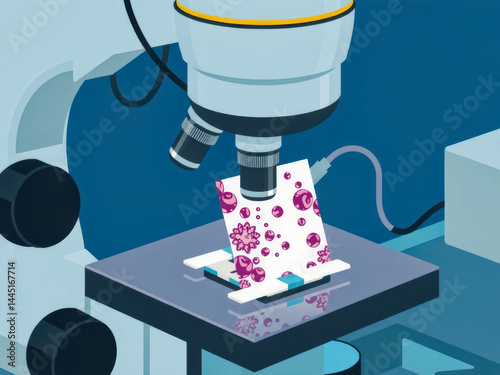 Obraz na płótnie A microscope is being used to examine a piece of paper with a pink substance on it. The microscope is set up on a table and the paper is placed on top of it w salonie