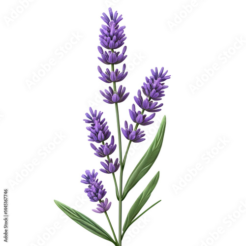 A single stalk of lavender with realistic purple flowers and fine leaf details,nature,garden,violet,