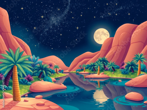 Obraz na płótnie A beautiful landscape with a river and a large moon in the sky. The scene is peaceful and serene, with palm trees lining the riverbank. The colors are vibrant and the atmosphere is calm and relaxing w salonie