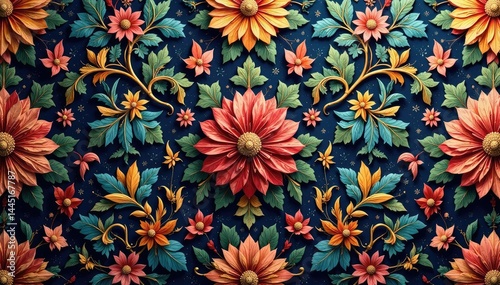Intricate floral damask textile, opulent design, gold, pattern, background