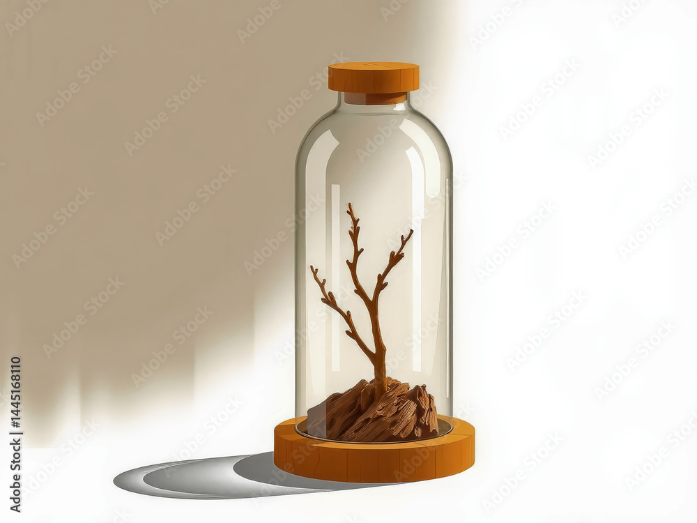 A glass jar with a tree inside of it. The jar is on a wooden stand. The tree is brown and he is dead. The jar is placed on a white background
