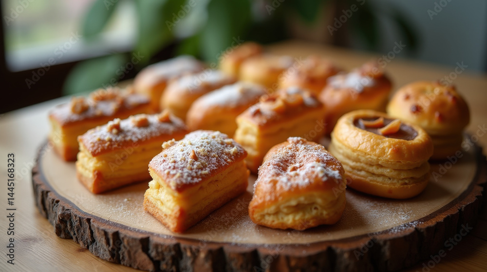 A selection of Italian pastries sits on a rustic board, surrounded by generous empty space, perfect for food backgrounds or menu designs. A selection of Italian pastries sits on a rustic board, surrounded by generous empty space, perfect for food backgrounds or menu designs.