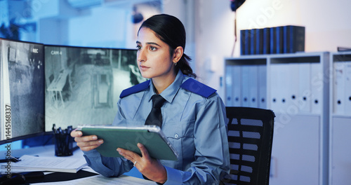 Security guard, watching and woman with tablet, cctv screen or footage in night shift for video surveillance. Camera, monitor or safety person with communication in control room for protection