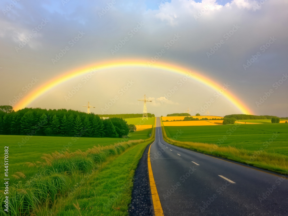 A rainbow is seen over a road with a green field in the background. The sky is cloudy and the sun is not visible