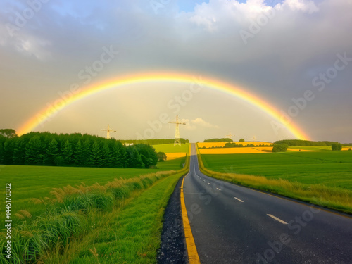 Obraz na płótnie A rainbow is seen over a road with a green field in the background. The sky is cloudy and the sun is not visible w salonie