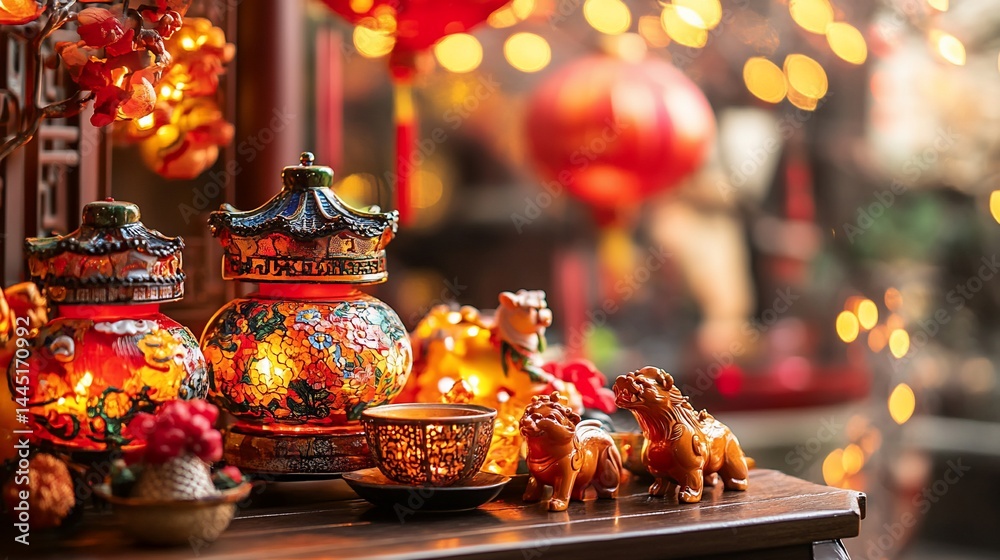 Naklejka premium Festive Chinese decor with lanterns, pottery, and a cup set against blurred lights