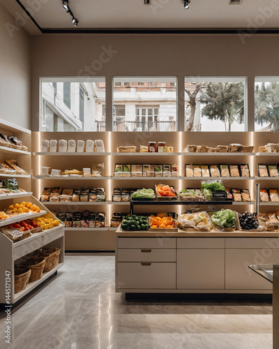 stylish grocery store interior with neutral beige tones and healthy food display fruits vegetables clean minimalist design Premium Store Interior Photography