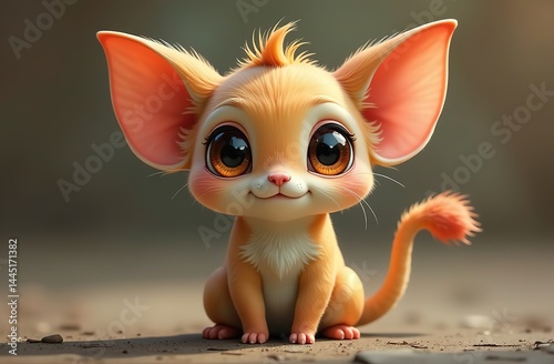 A strange cute orange cartoon creature with huge pointy ears and big eyes on a summer lawn