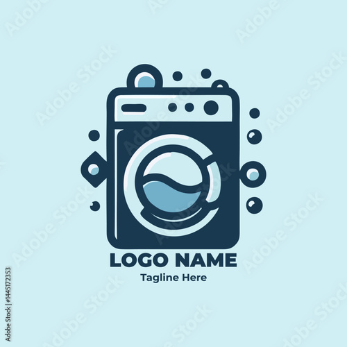 Laundry Branding Logo with Soap Bubbles and Washing Machine in Clean Modern Style Perfect for Cleaning Service Businesses and Detergent Packaging for Microstock Sales