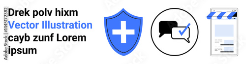 Shield with medical cross, chat bubbles with checkmark, storefront on mobile screen. Ideal for healthcare, communication, security, e-commerce, insurance, telemedicine simple landing page