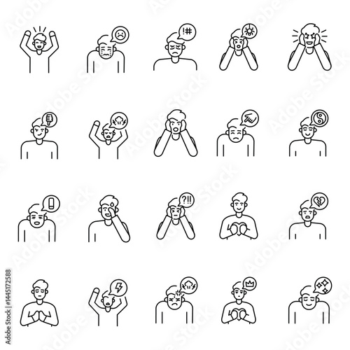 Emotions black line icons set for digital and print projects.