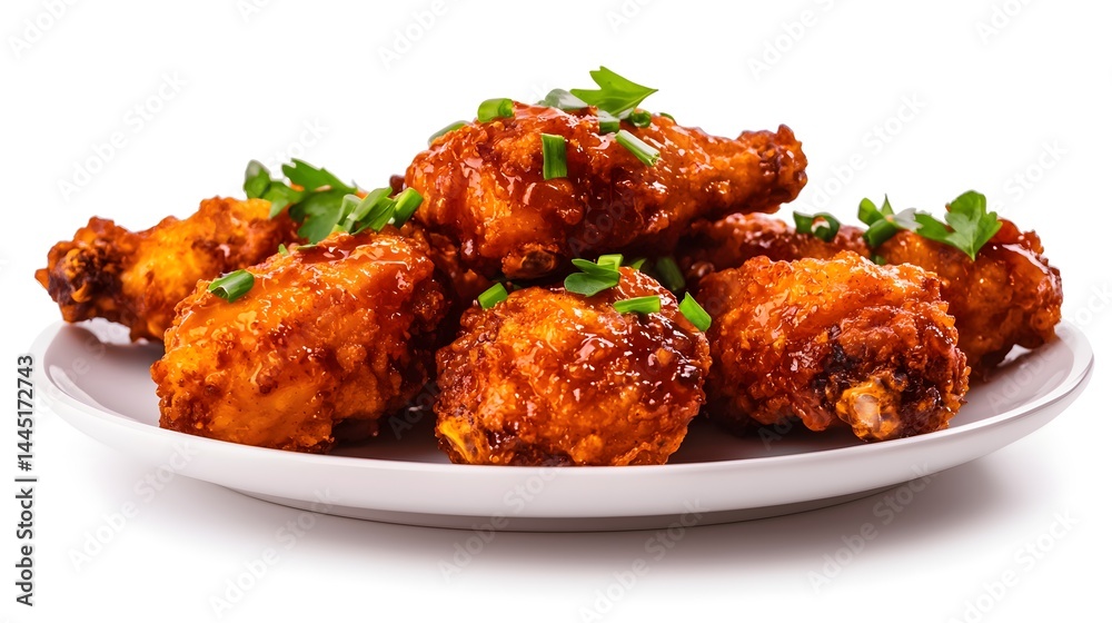 Plate of Crispy Fried Chicken Wings Coated in Spicy Sauce and Garnished with Fresh Herbs Plate of Crispy Fried Chicken Wings Coated in Spicy Sauce and Garnished with Fresh Herbs